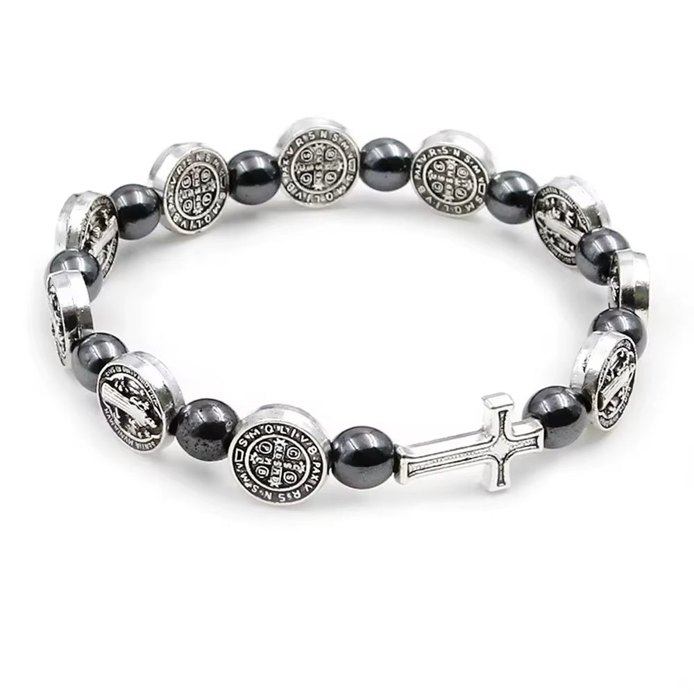 Fashion Catholic Rosary Bracelet St. Benedict Medal Cross Prayer Bracelets Hematite Beads Religion Jewelry Accessories