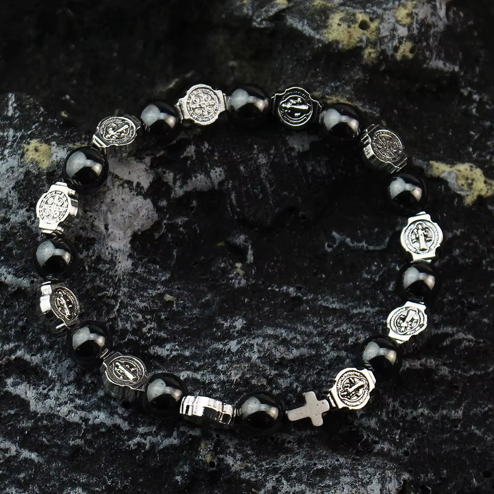 Fashion Catholic Rosary Bracelet St. Benedict Medal Cross Prayer Bracelets Hematite Beads Religion Jewelry Accessories