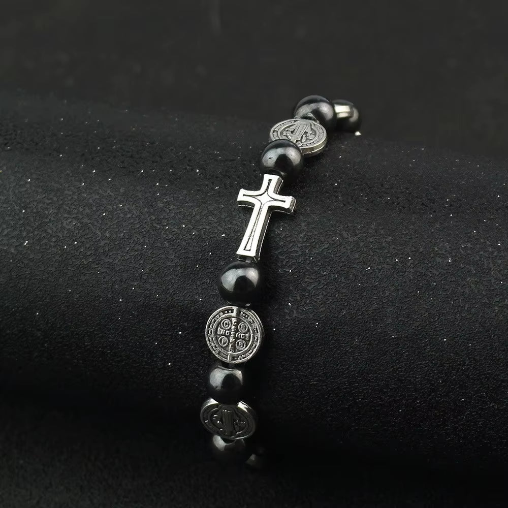 Fashion Catholic Rosary Bracelet St. Benedict Medal Cross Prayer Bracelets Hematite Beads Religion Jewelry Accessories