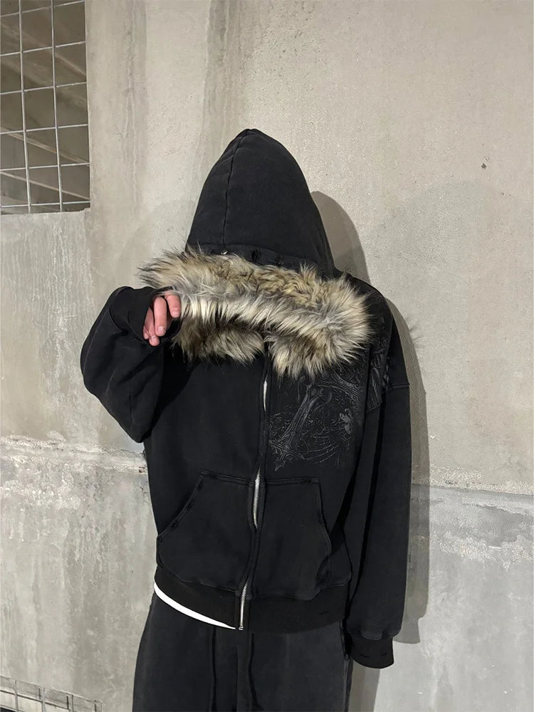Autumn Winter Y2K Women Aesthetic Harajuku Faux Fur Collar Hoodies Clothes Graphic Hip Hop Punk Gothic Zip up Hoodies 2026 New