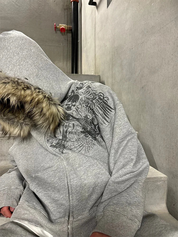 Autumn Winter Y2K Women Aesthetic Harajuku Faux Fur Collar Hoodies Clothes Graphic Hip Hop Punk Gothic Zip up Hoodies 2026 New